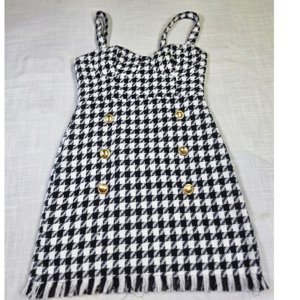 Forever 21 Houndstooth Mini Dress Black White Tweed Gold Button Fringe Trim